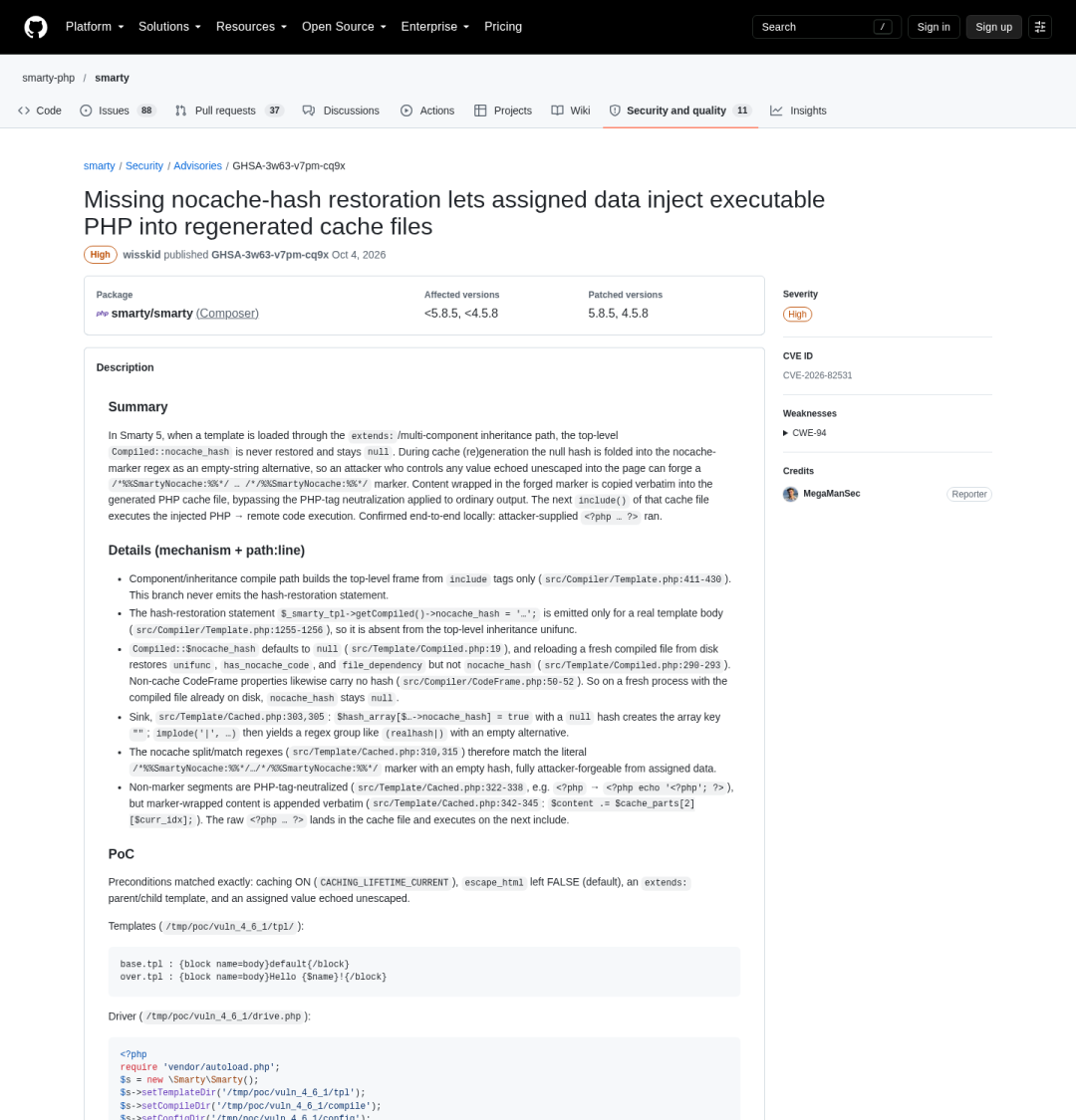 GitHub Security Advisory:GHSA-3w63-v7pm-cq9x,含完整根因路径
